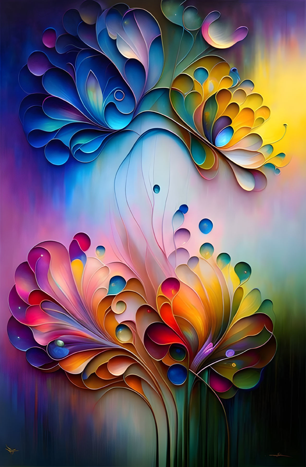 Colorful Abstract Floral Painting with Swirling Patterns and Bubbles