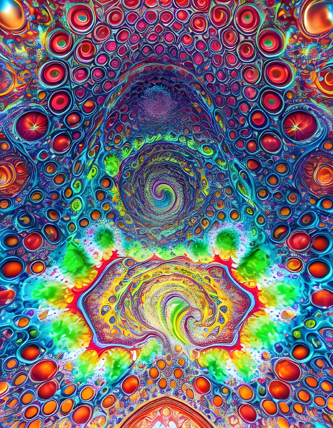 Colorful Psychedelic Art: Swirls & Circular Patterns in Blues, Reds, Greens