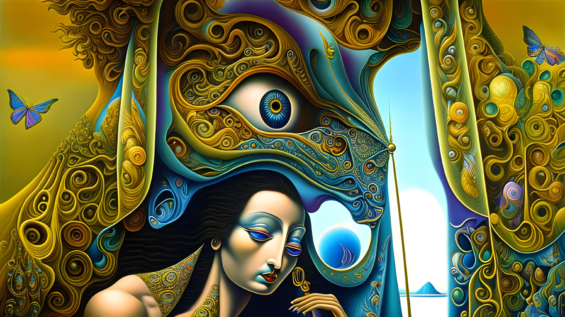 Colorful surreal artwork: abstract woman, flowing elements, eye, butterflies, seascape