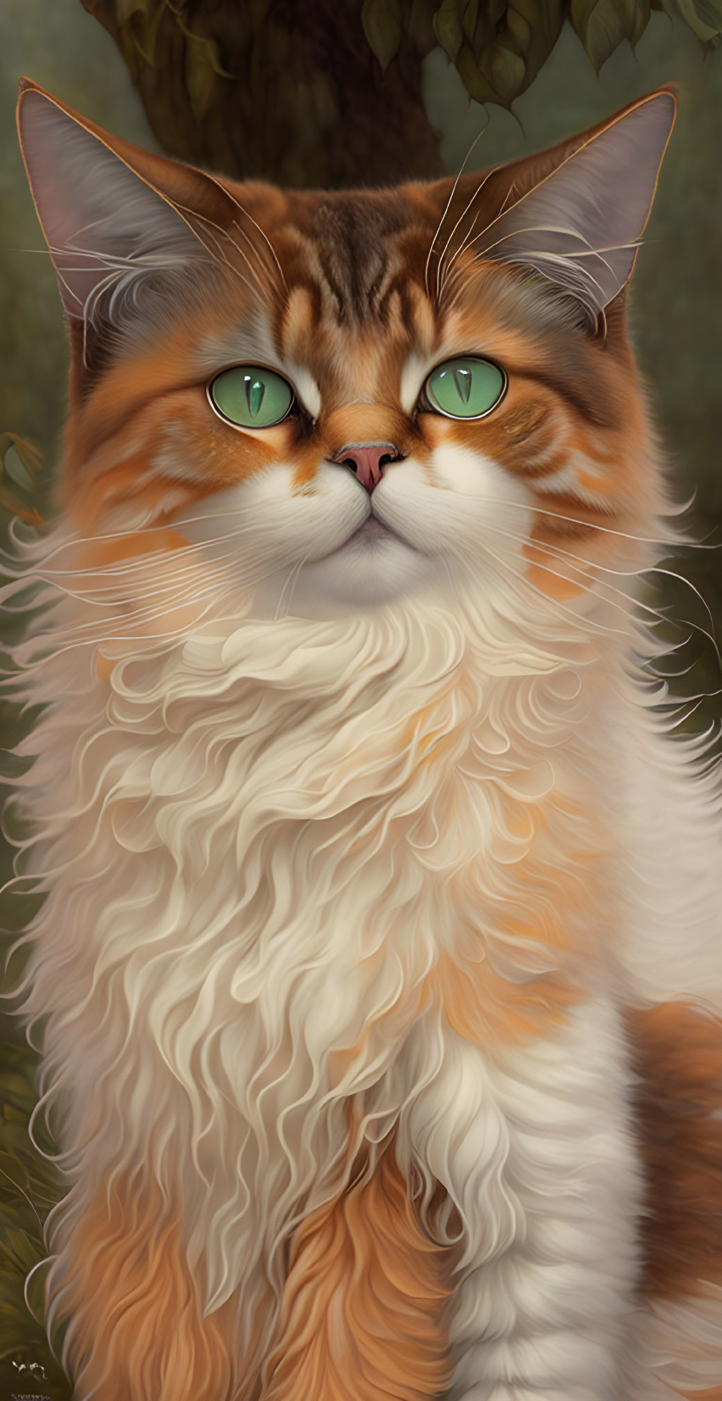 Fluffy orange and white cat with green eyes on green backdrop