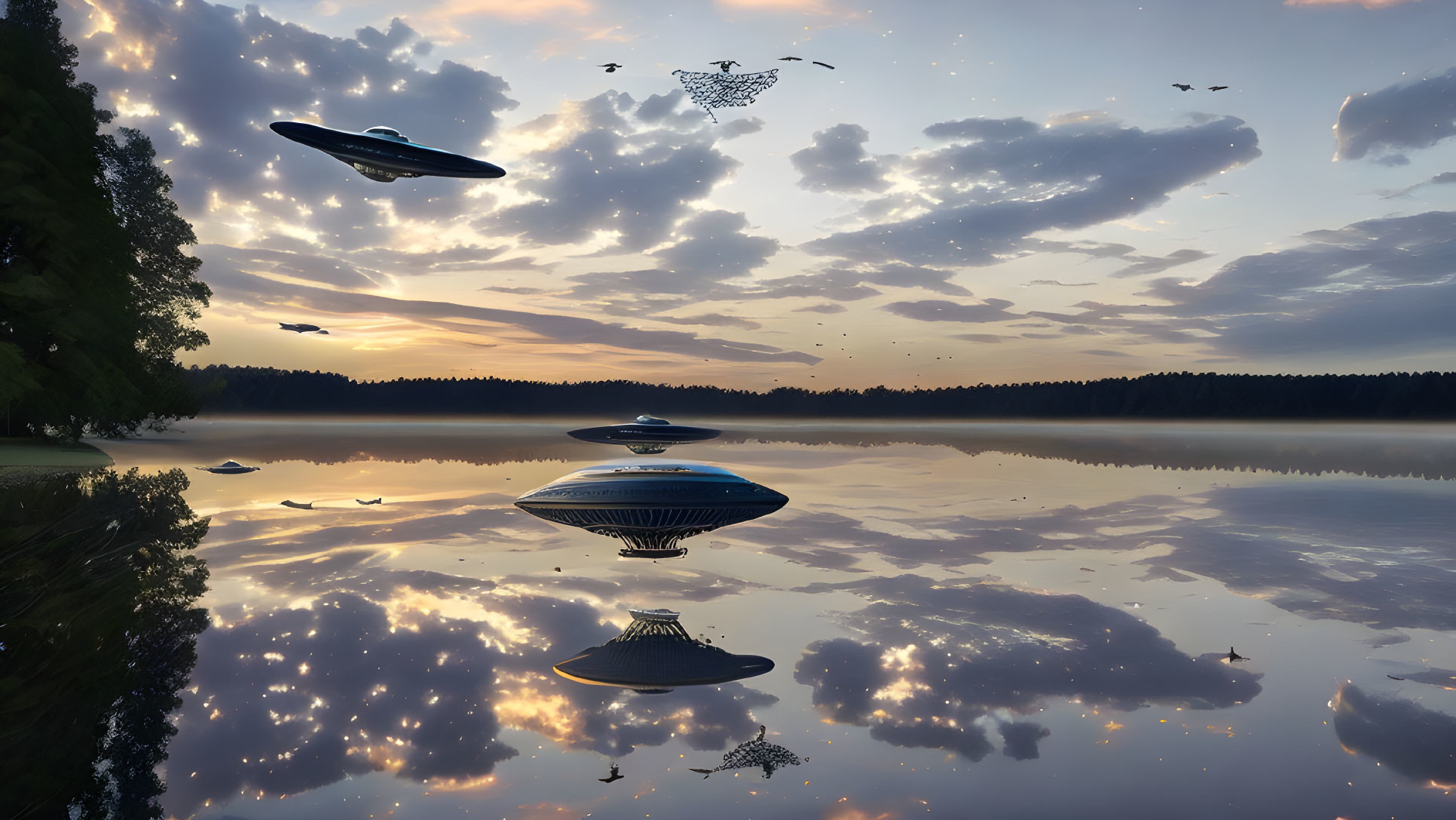 Tranquil lake scene with clouds, birds, trees, and UFOs at dawn or dusk