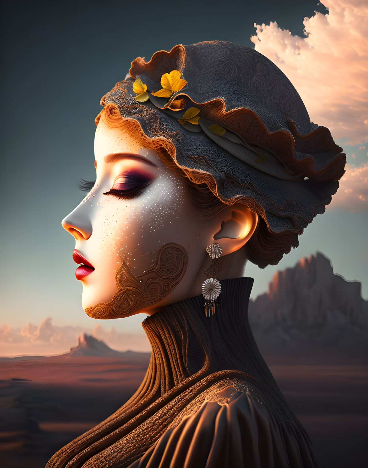 Woman with ornate facial tattoos and vintage headpiece in desert scene