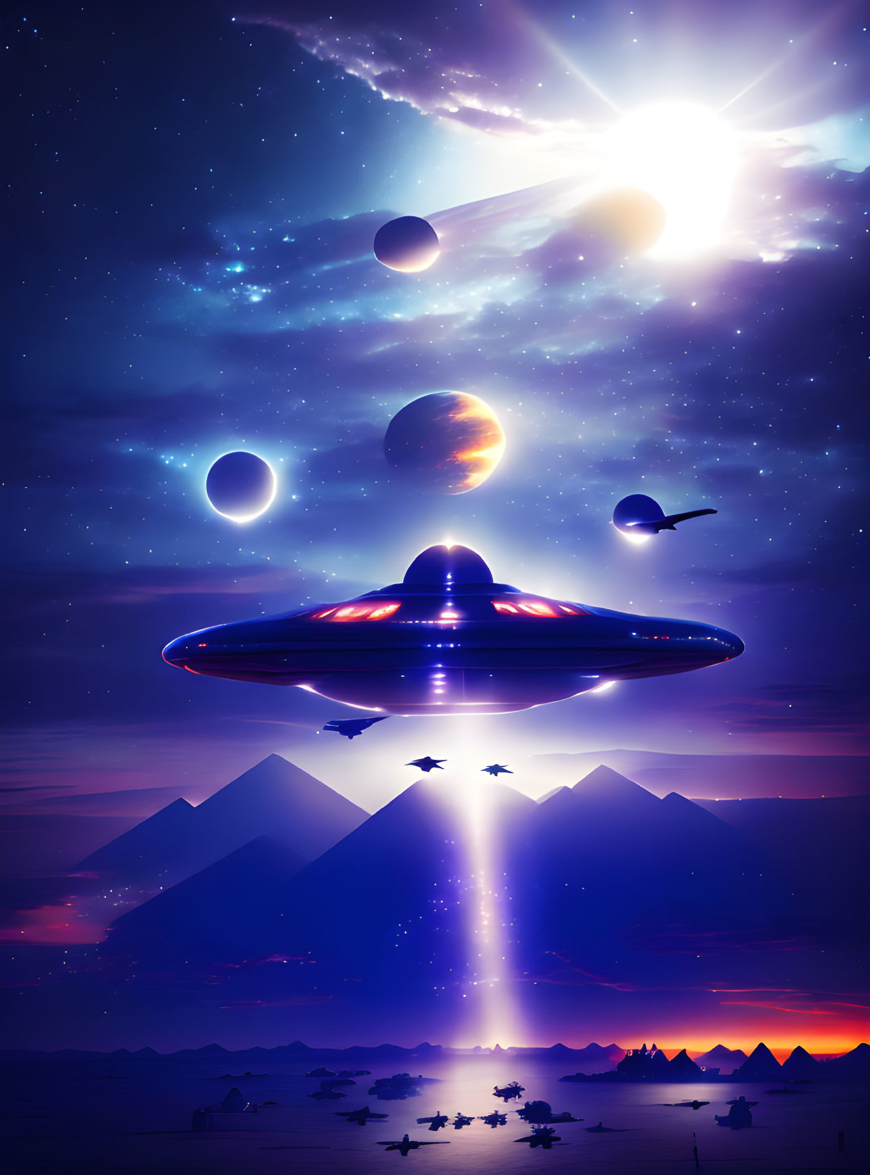 Colorful sci-fi artwork: UFO, pyramids, desert, planets, starlit sky