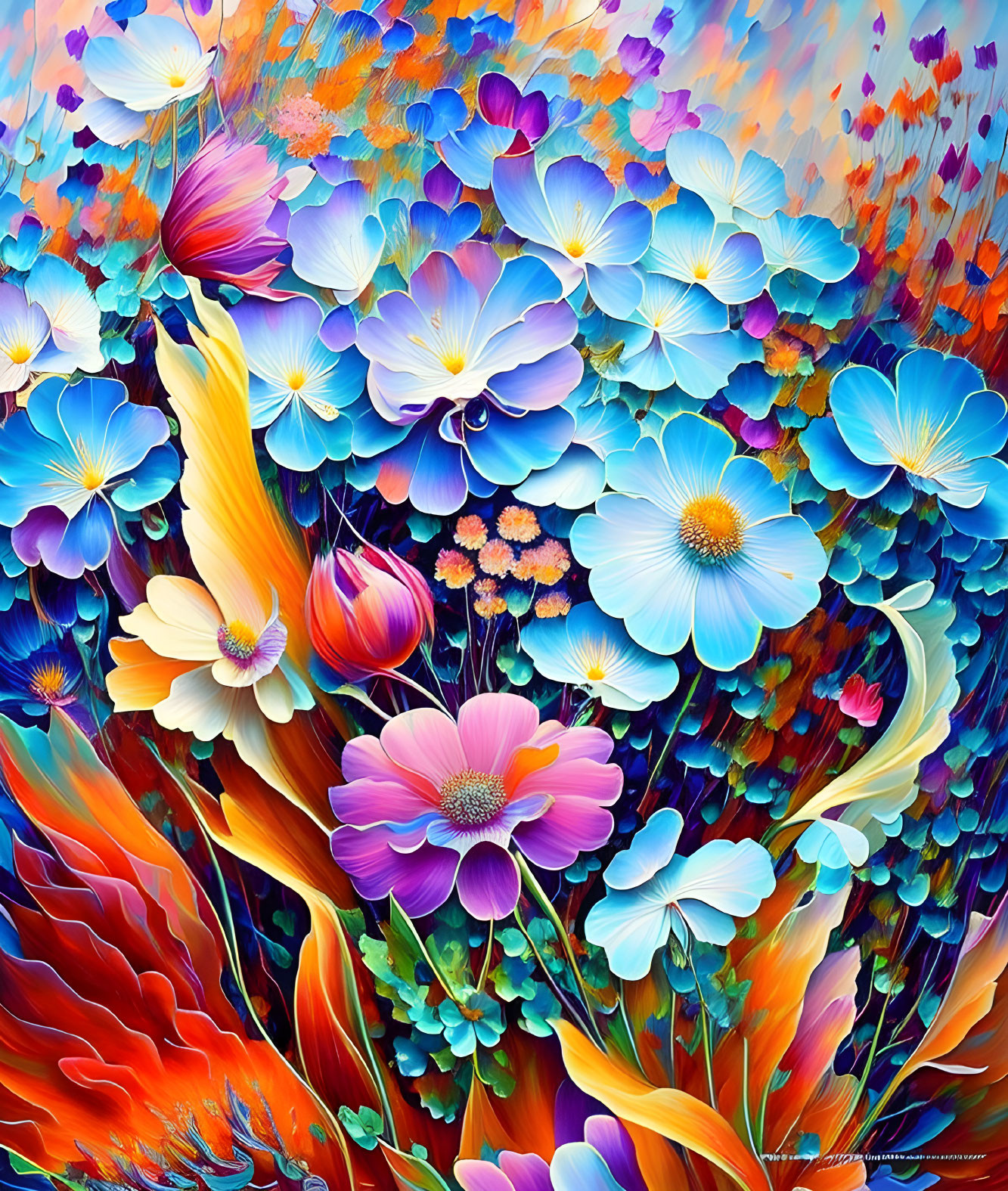 Colorful painting of blooming flowers in blue, purple, and red with butterfly motifs