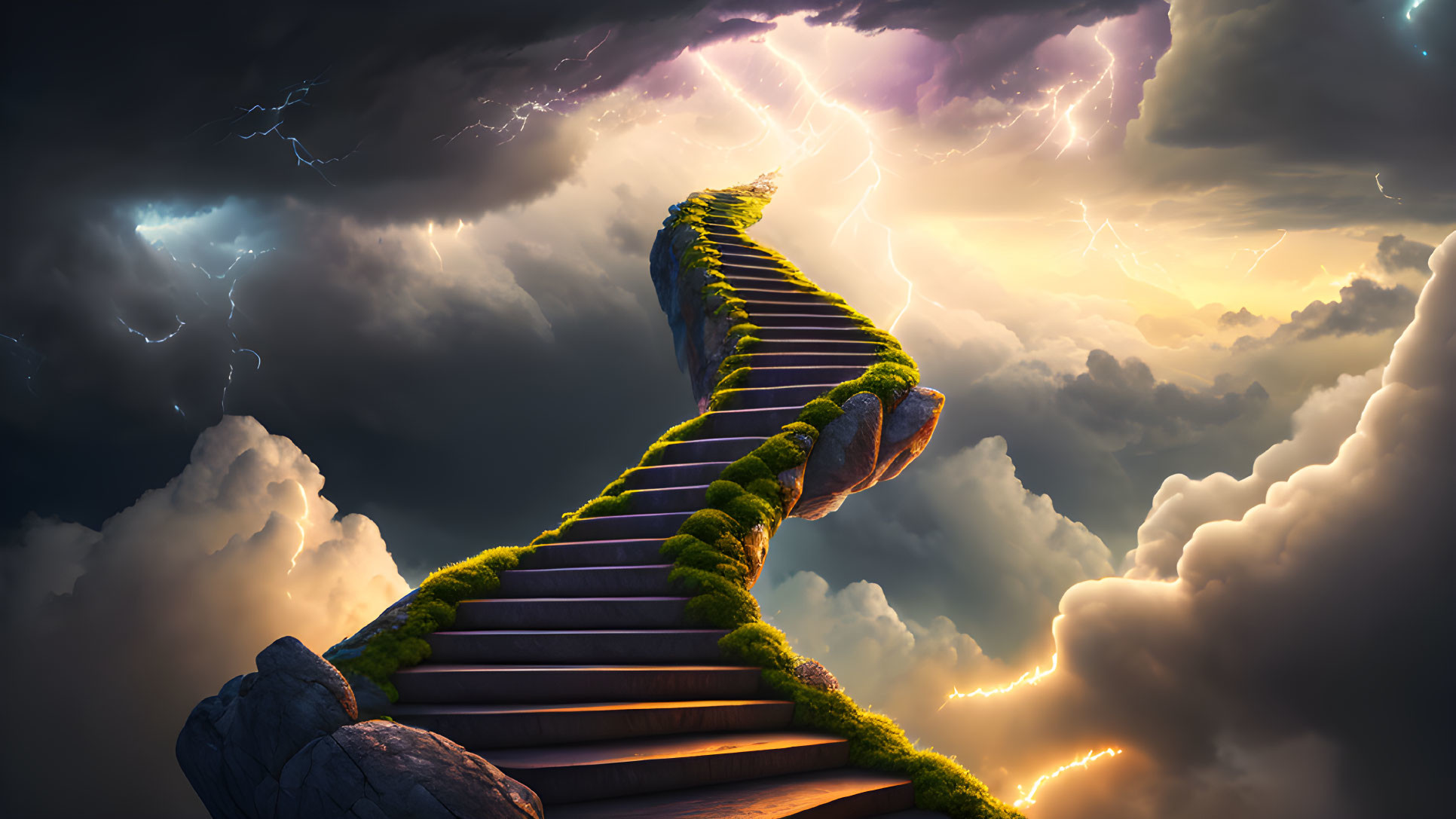 Fantastical staircase with lush greenery under dramatic stormy sky