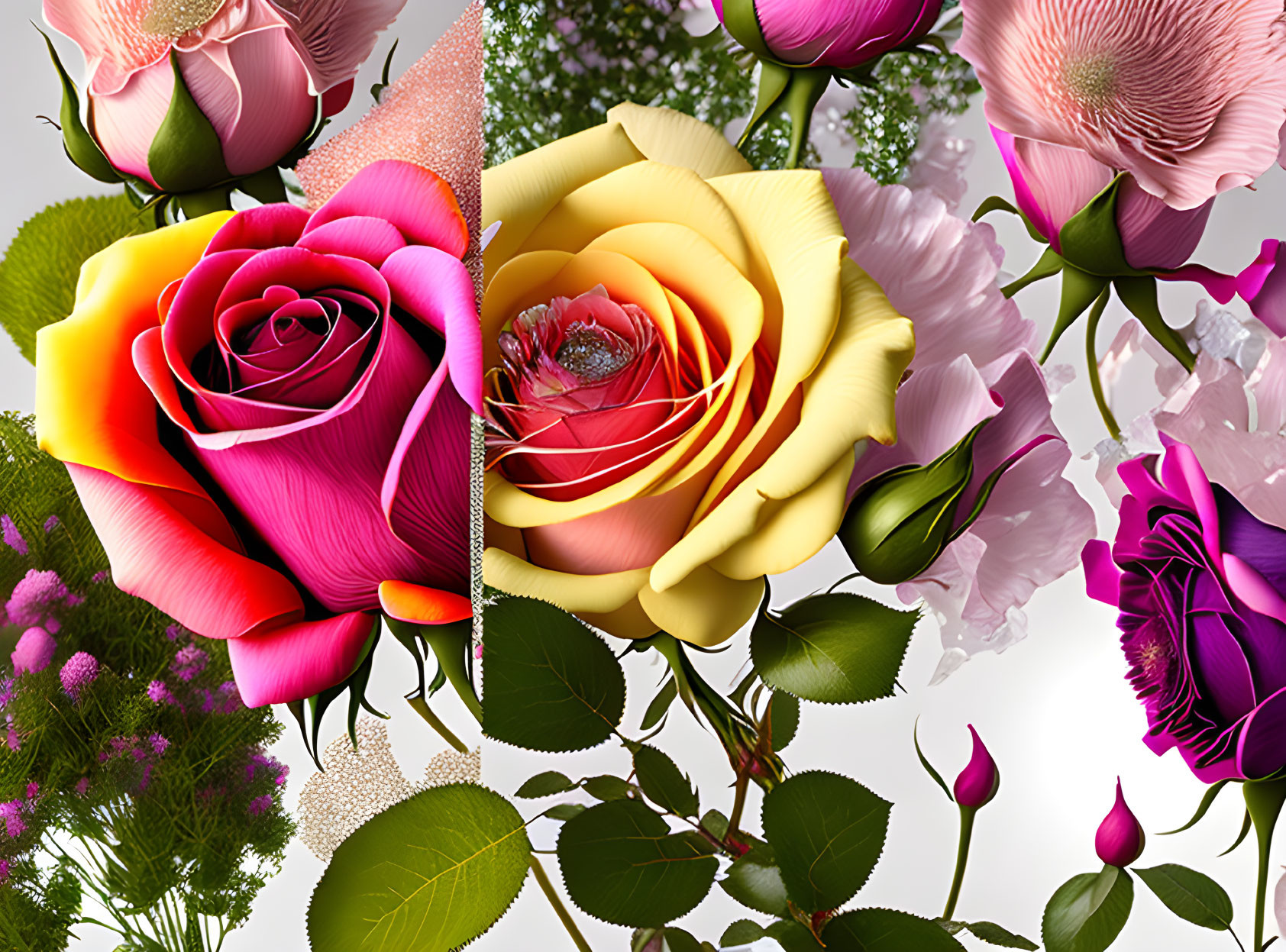 Colorful Flower Montage Featuring Intricate Roses on Light Background