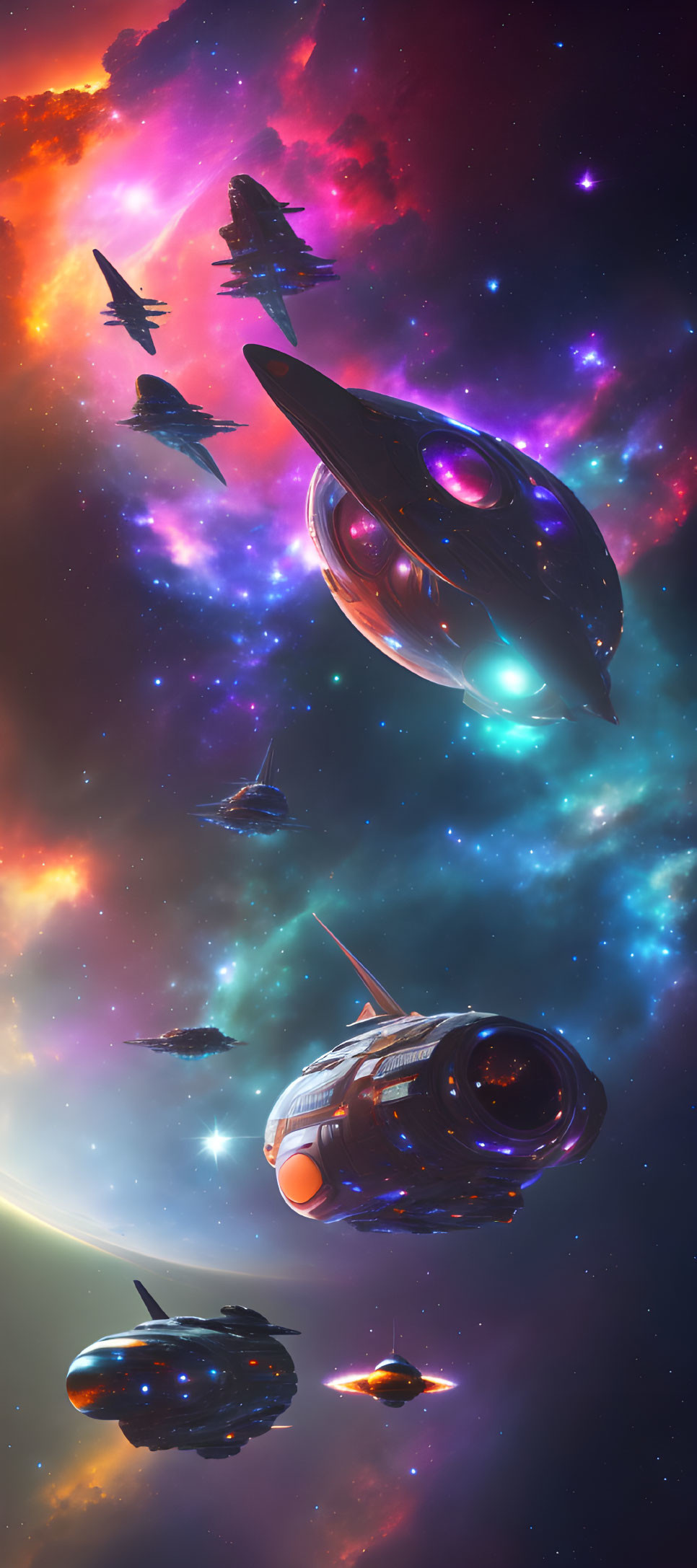 Futuristic spaceships in vibrant sci-fi nebula landscape