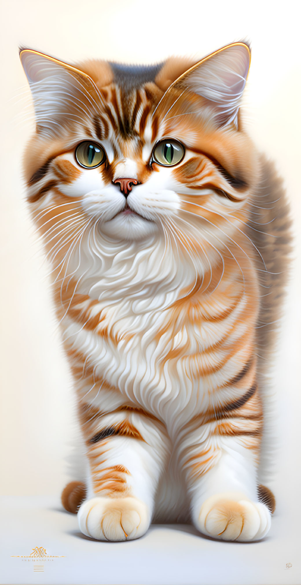 Detailed Illustration: Orange and White Cat with Green Eyes and Fluffy Coat