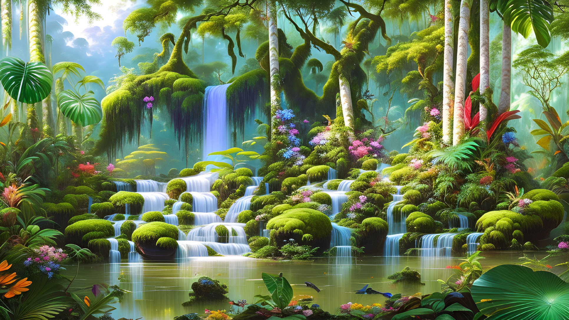 Lush Jungle with Waterfalls, Moss-Covered Stones & Exotic Flora