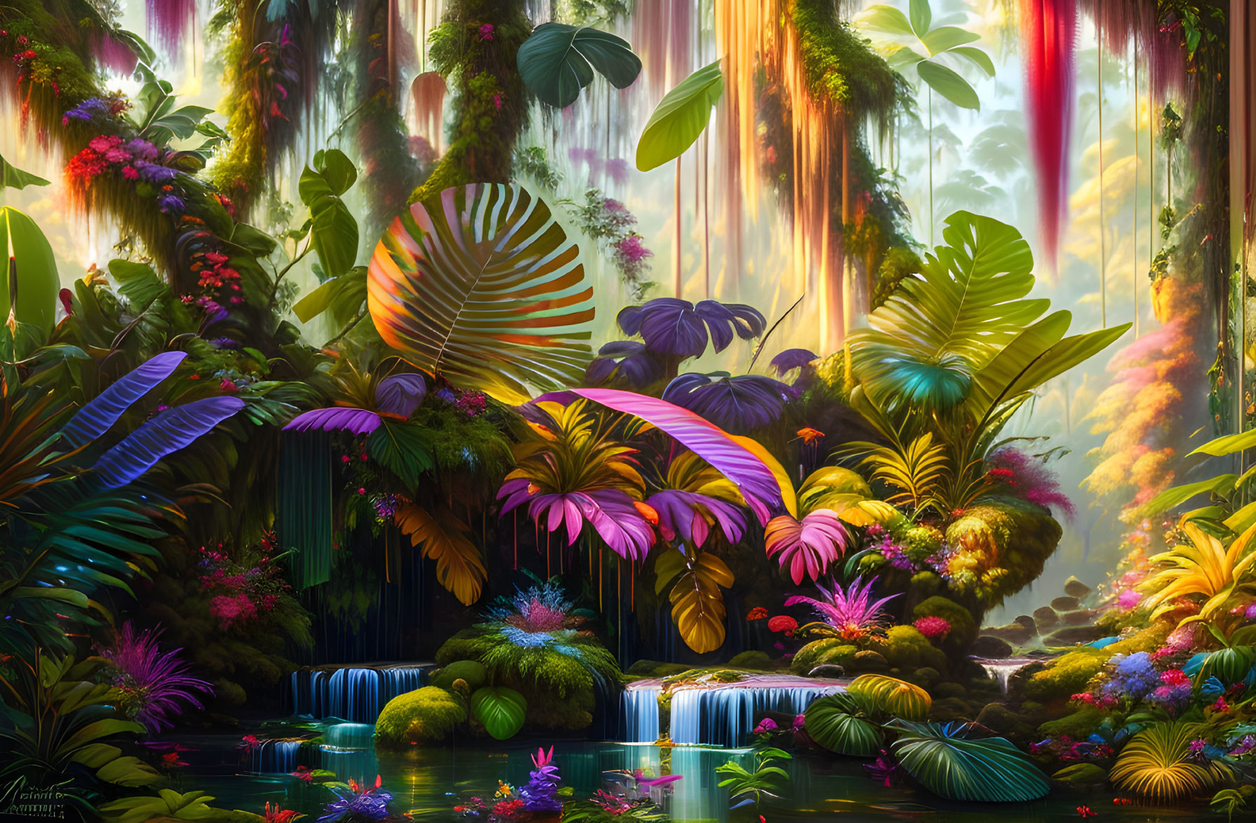 Lush Jungle Scene with Sunlit Stream and Colorful Flora