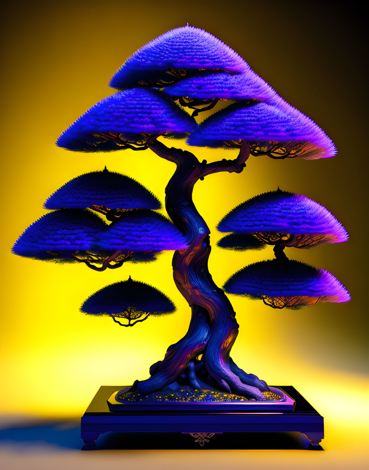 Stylized bonsai tree art with purple foliage on yellow background