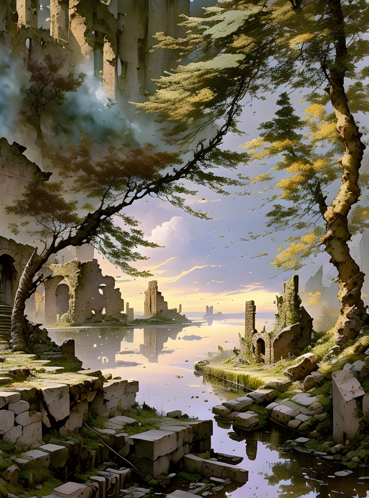 Ancient city ruins with overgrown foliage near calm water under golden light