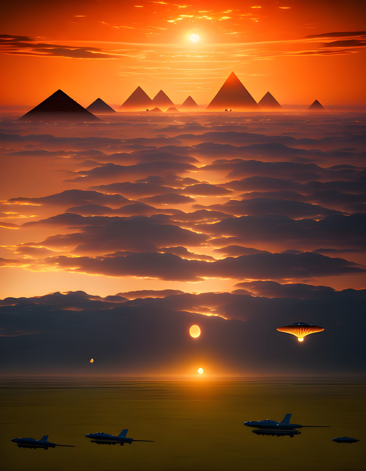 Surreal sunset with layered clouds, pyramids, UFO, and airplanes