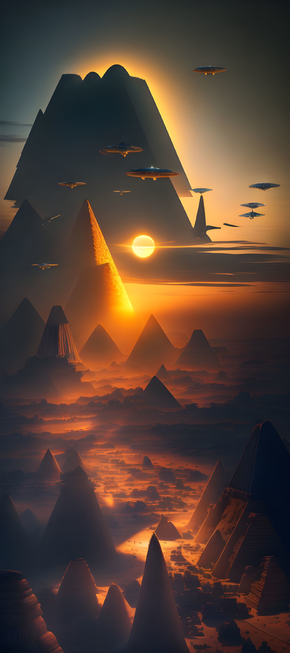 Surreal landscape with pyramids, setting sun, and futuristic aircrafts