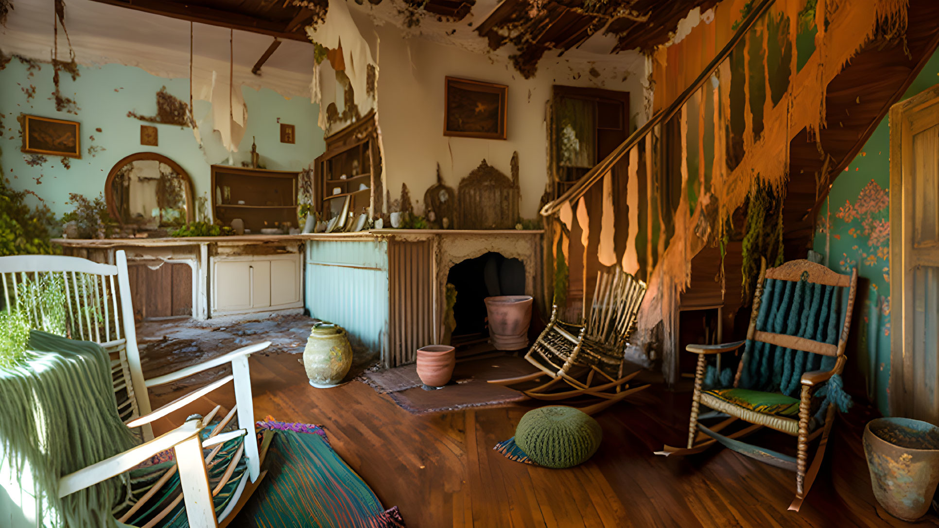 Desolate room with peeling walls, worn staircase, and dusty furniture