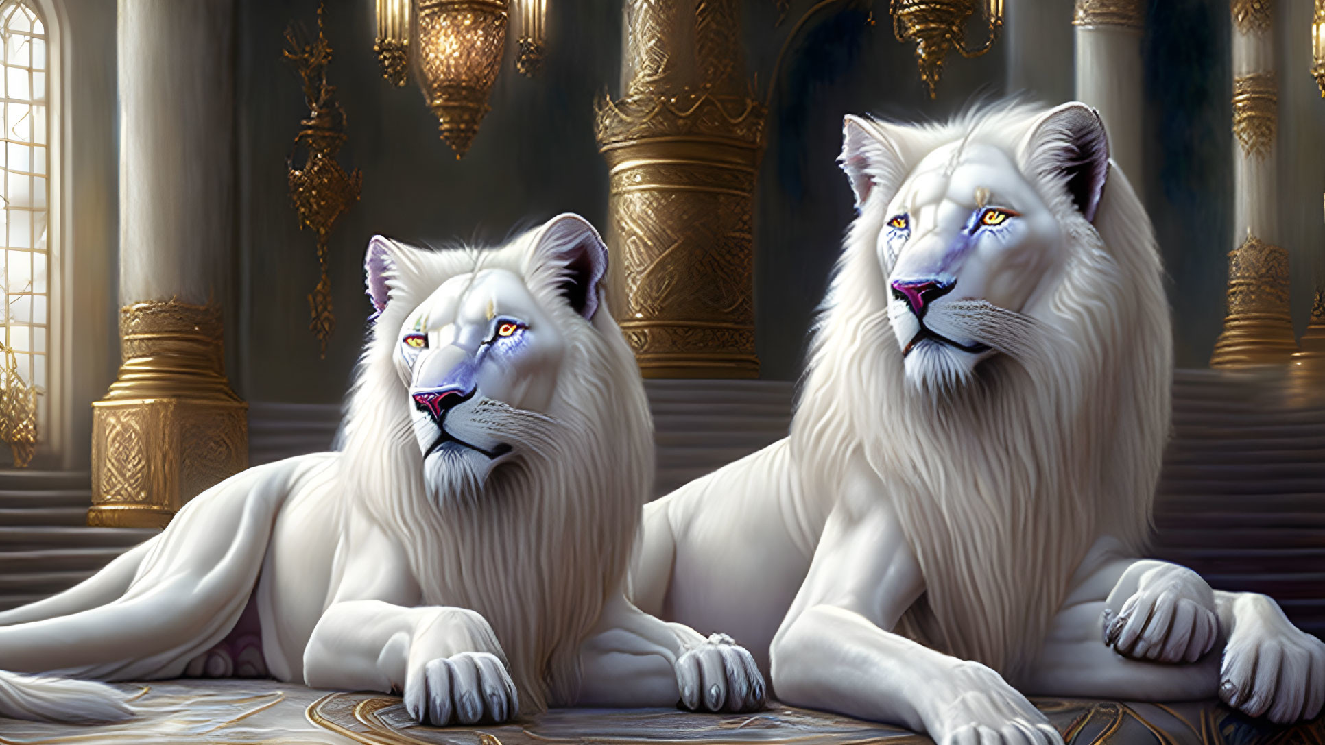 Majestic white lions with blue eyes in ornate palace setting