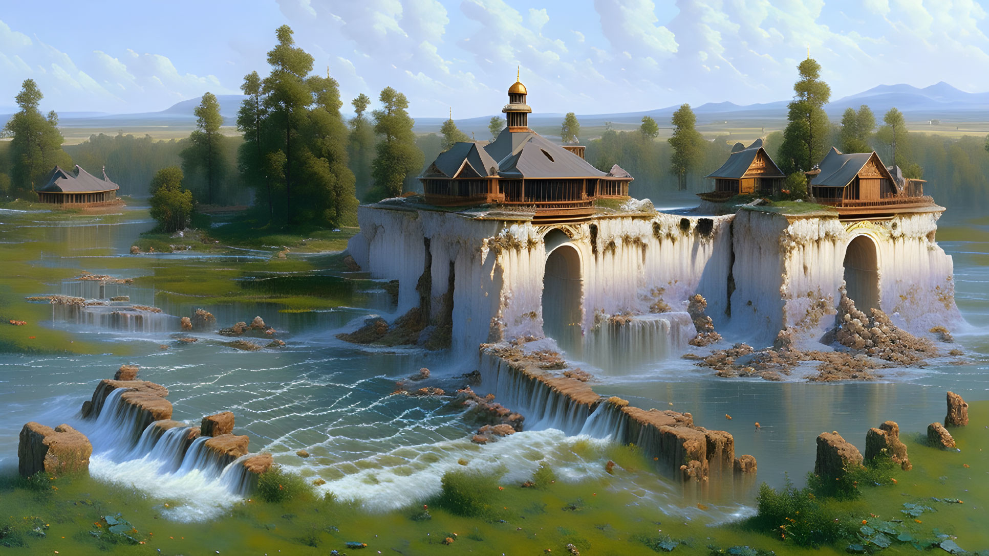 Fantastical landscape with temple-like structure atop cascading waterfall