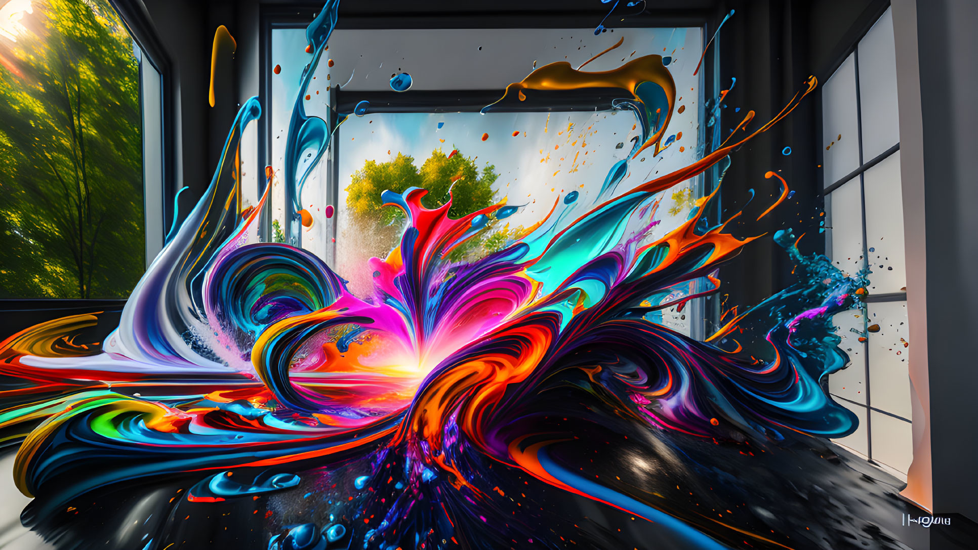 Colorful Liquid Swirls Exploding in Forest Window View