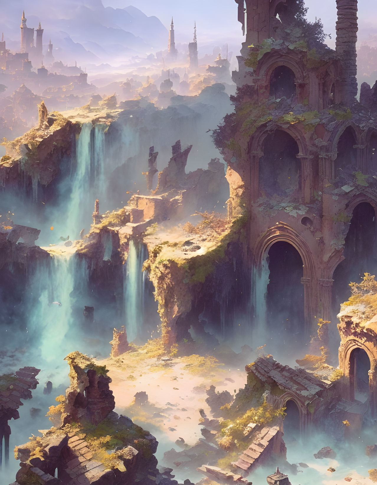 Ancient Ruins with Waterfalls and Rock Formations in Warm Light