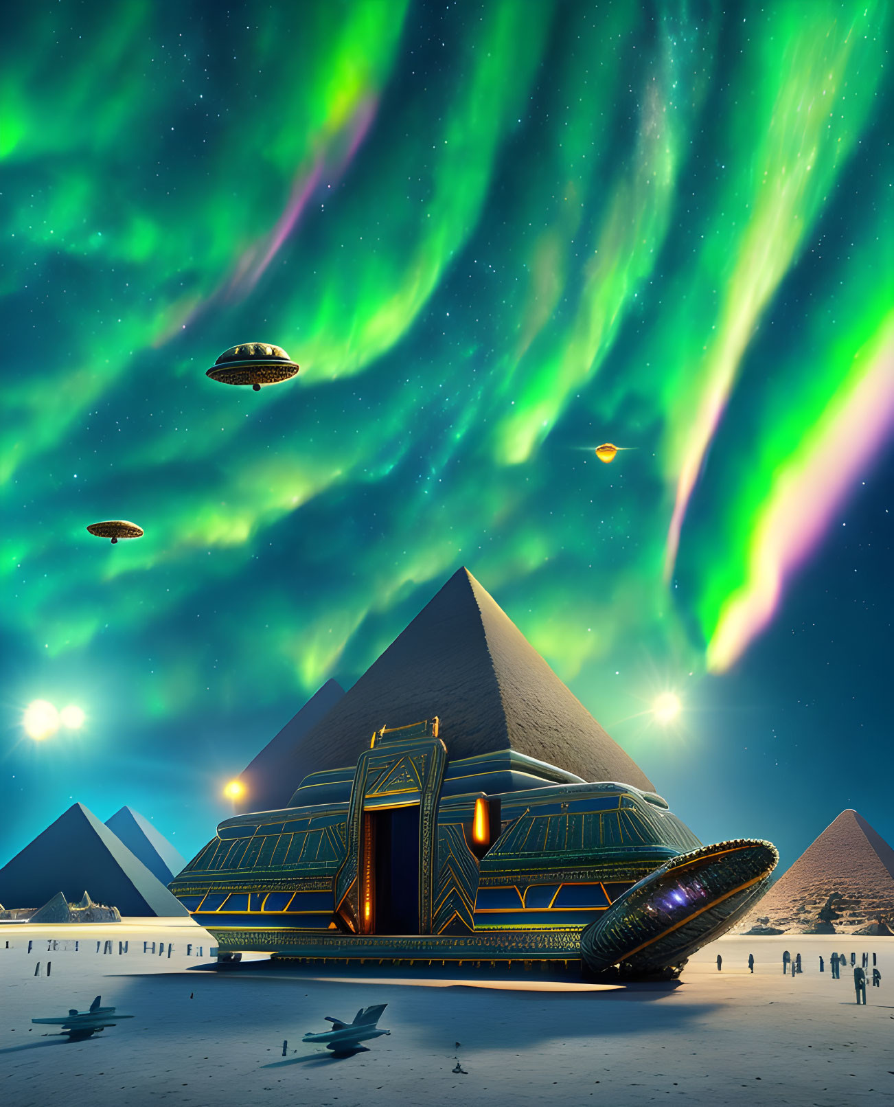 Futuristic pyramids under vibrant aurora sky with flying saucers and UFO with hierog