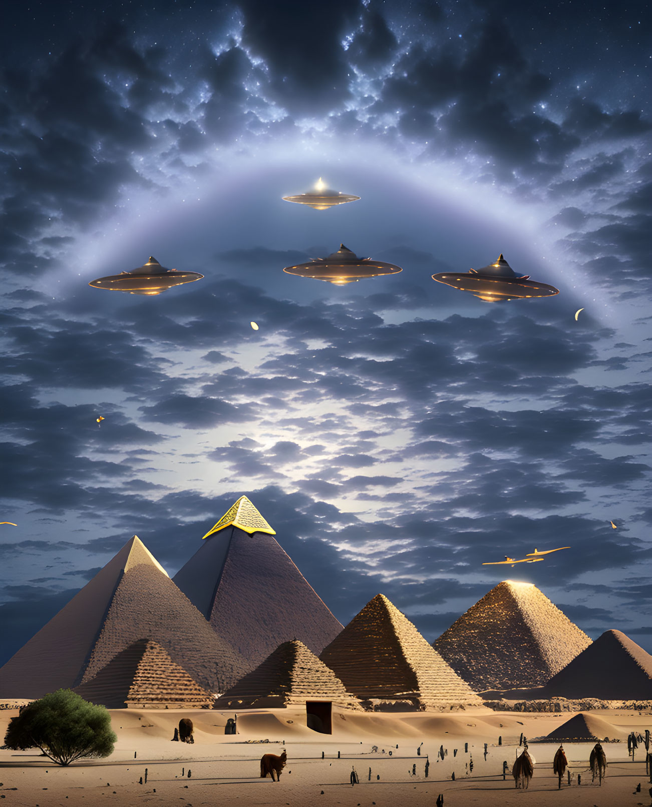 Mysterious UFOs over Egyptian pyramids at night