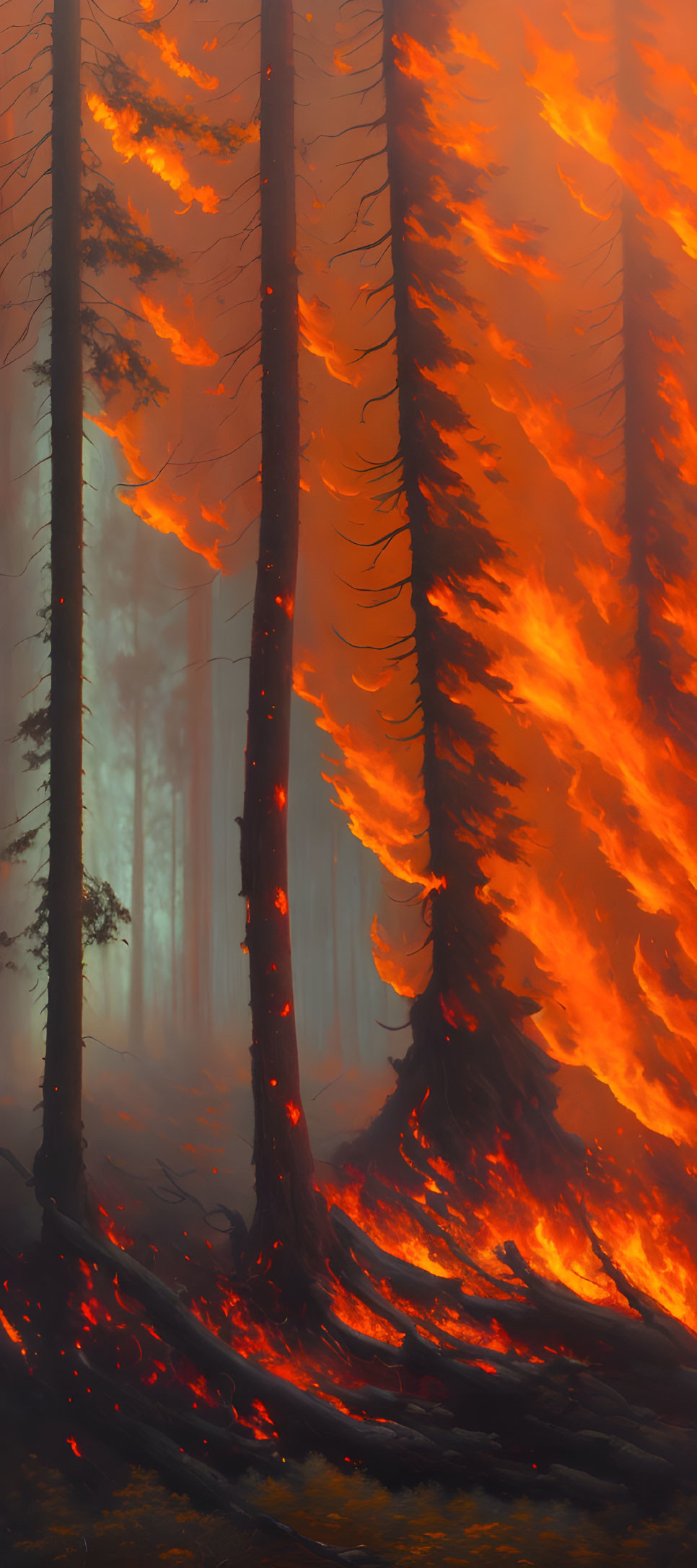 Forest Fire: Trees engulfed in flames, thick smoke, glowing embers, ominous atmosphere