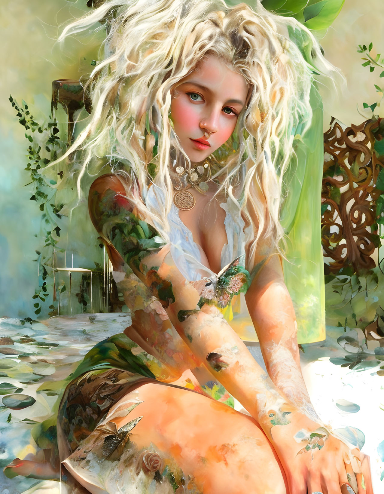 Blonde Woman with Floral Tattoos in Delicate Setting