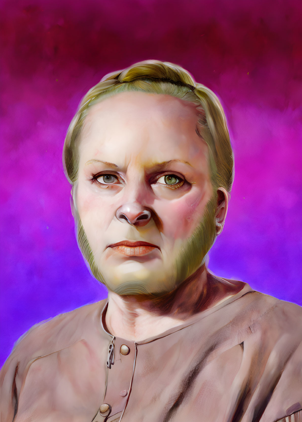 Digital portrait of stern woman in buttoned top on pink-purple gradient.