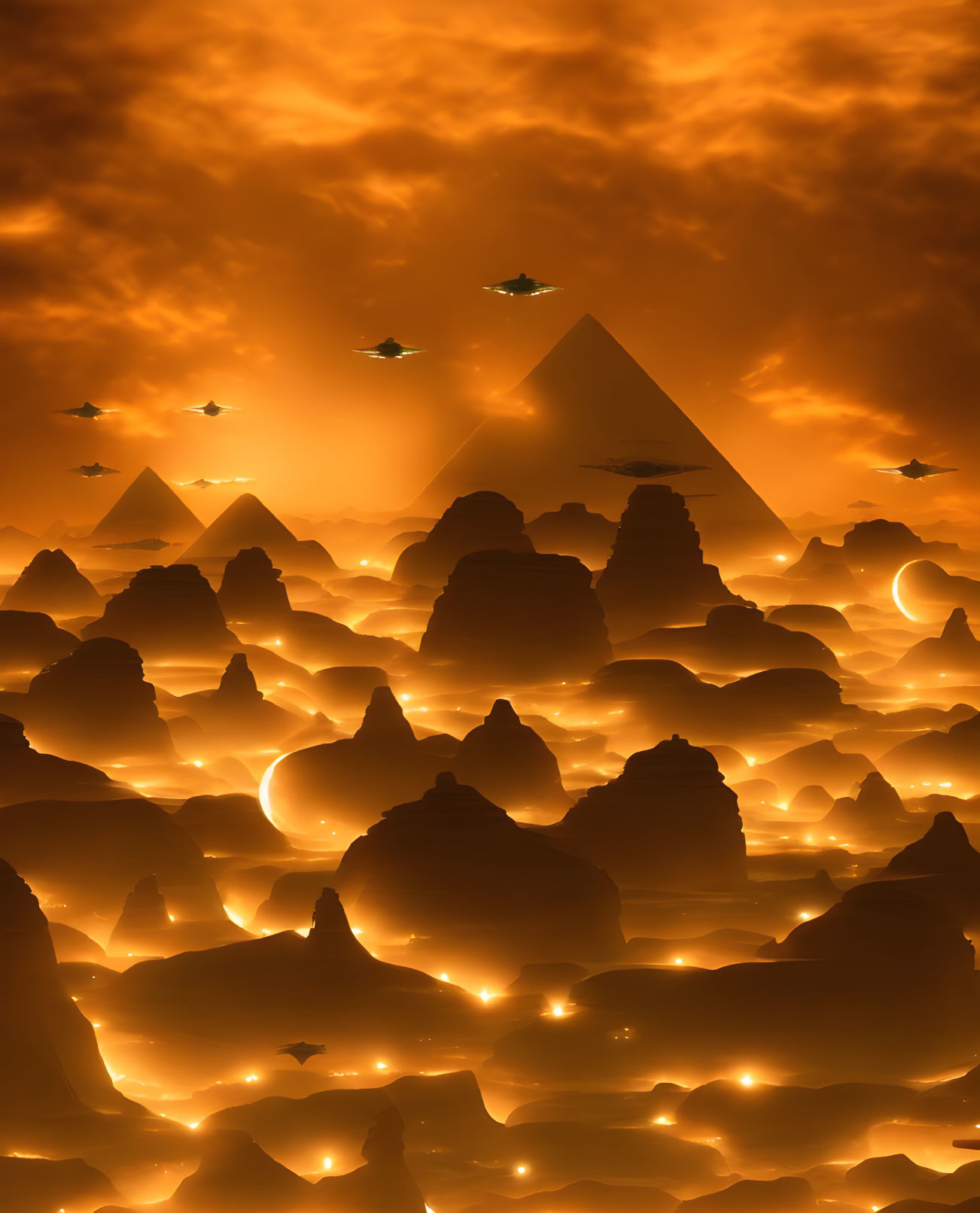 Sci-fi landscape with pyramids, orange sky, lights, and flying saucers.