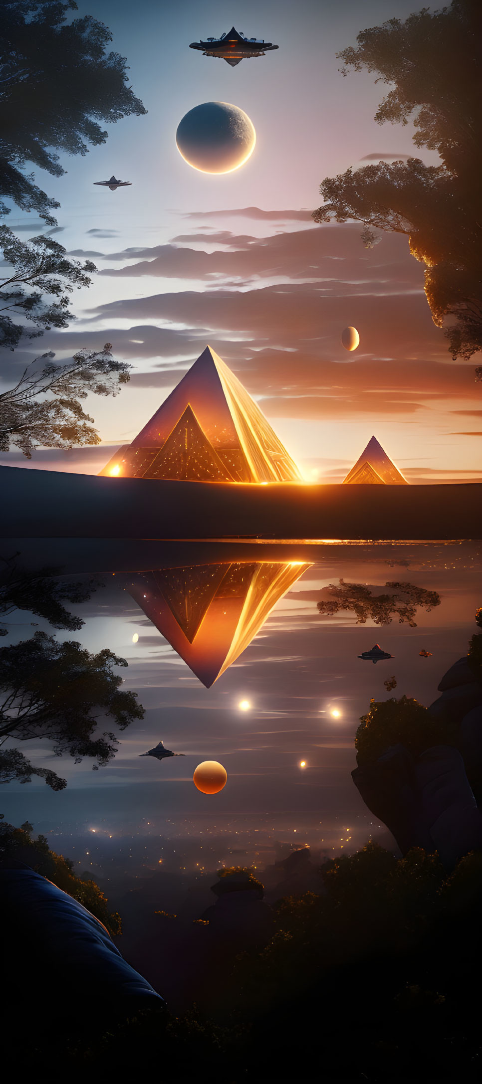 Luminous pyramids reflected in tranquil waters under twilight sky