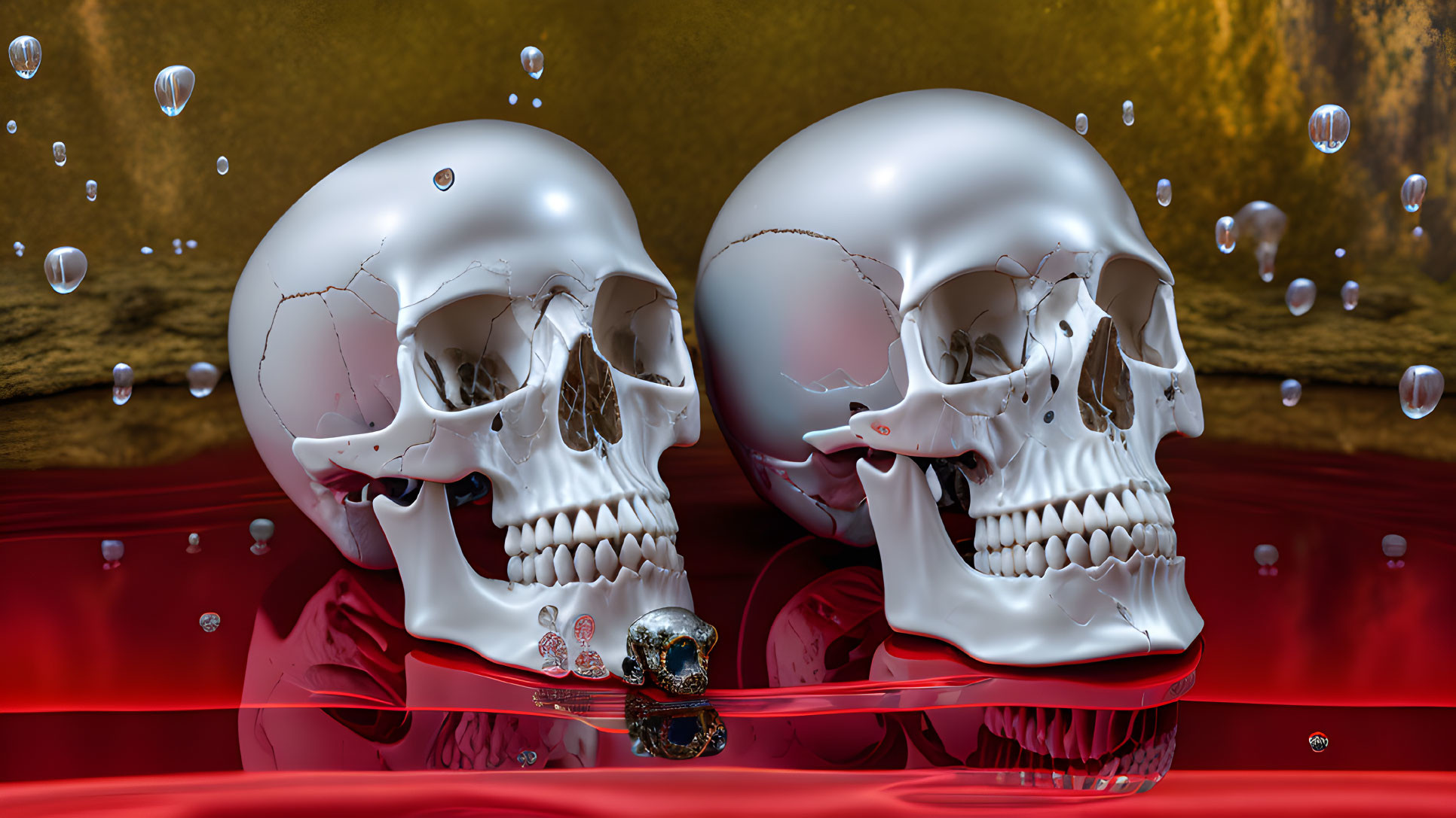 Realistic human skulls in red liquid with water droplets.