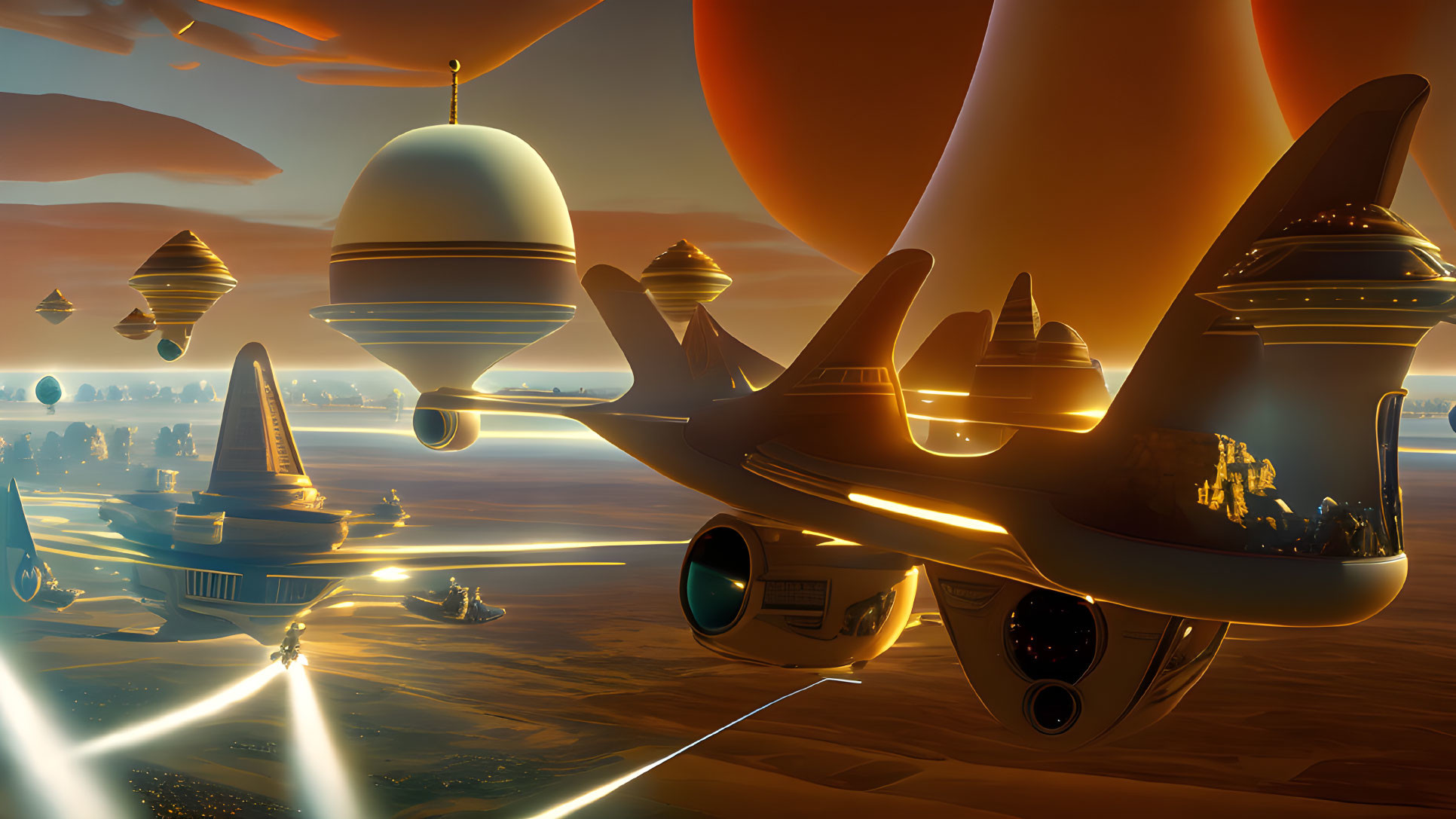 Futuristic cityscape with floating buildings and giant planet at sunset