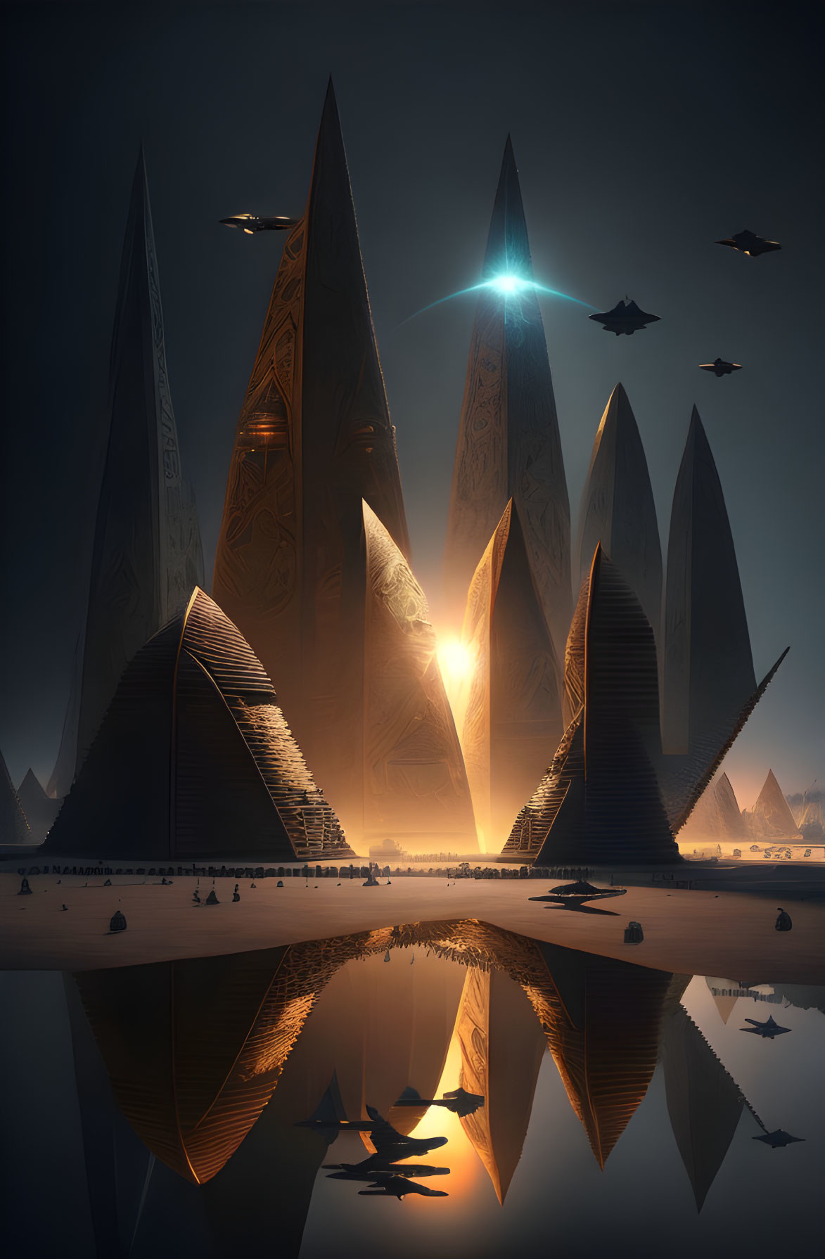 Futuristic spires in desert landscape with ships flying at sunrise or sunset