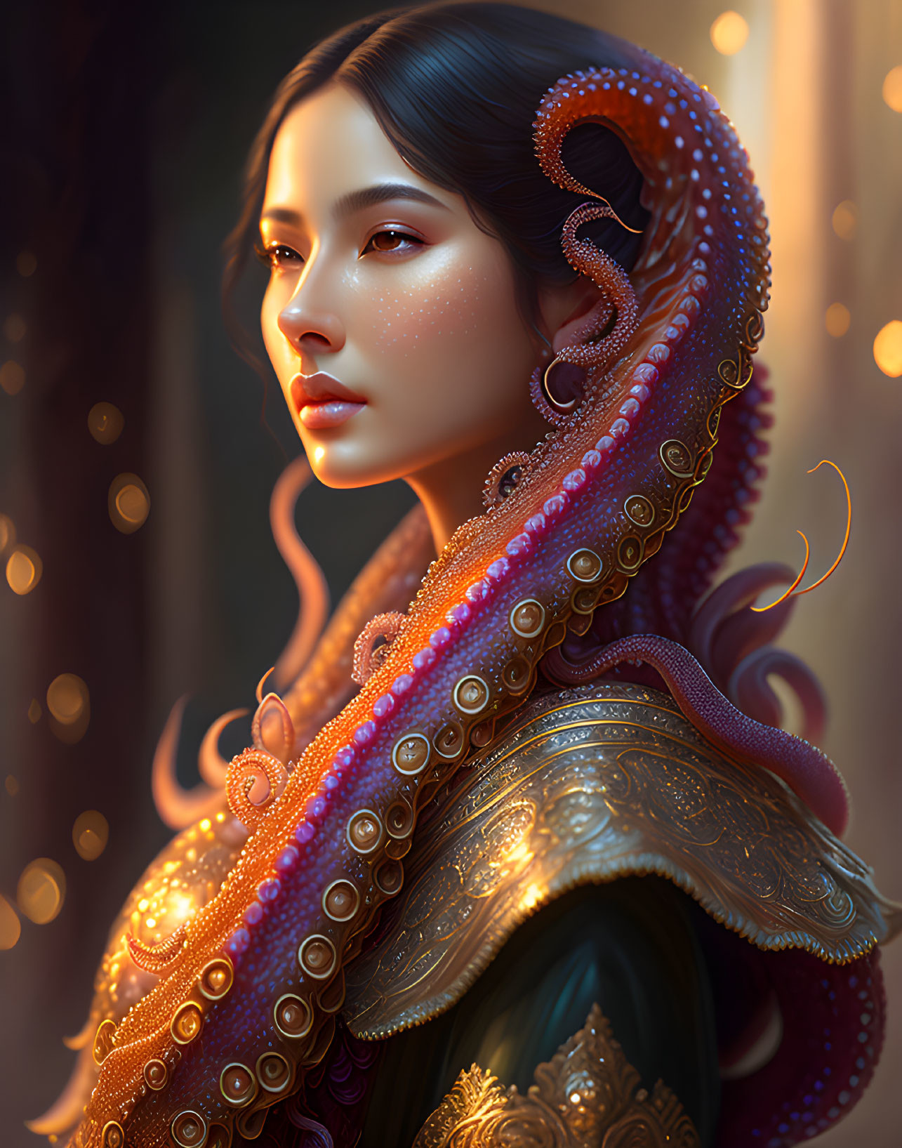 Detailed digital portrait of a woman with ornate octopus-inspired shoulder piece