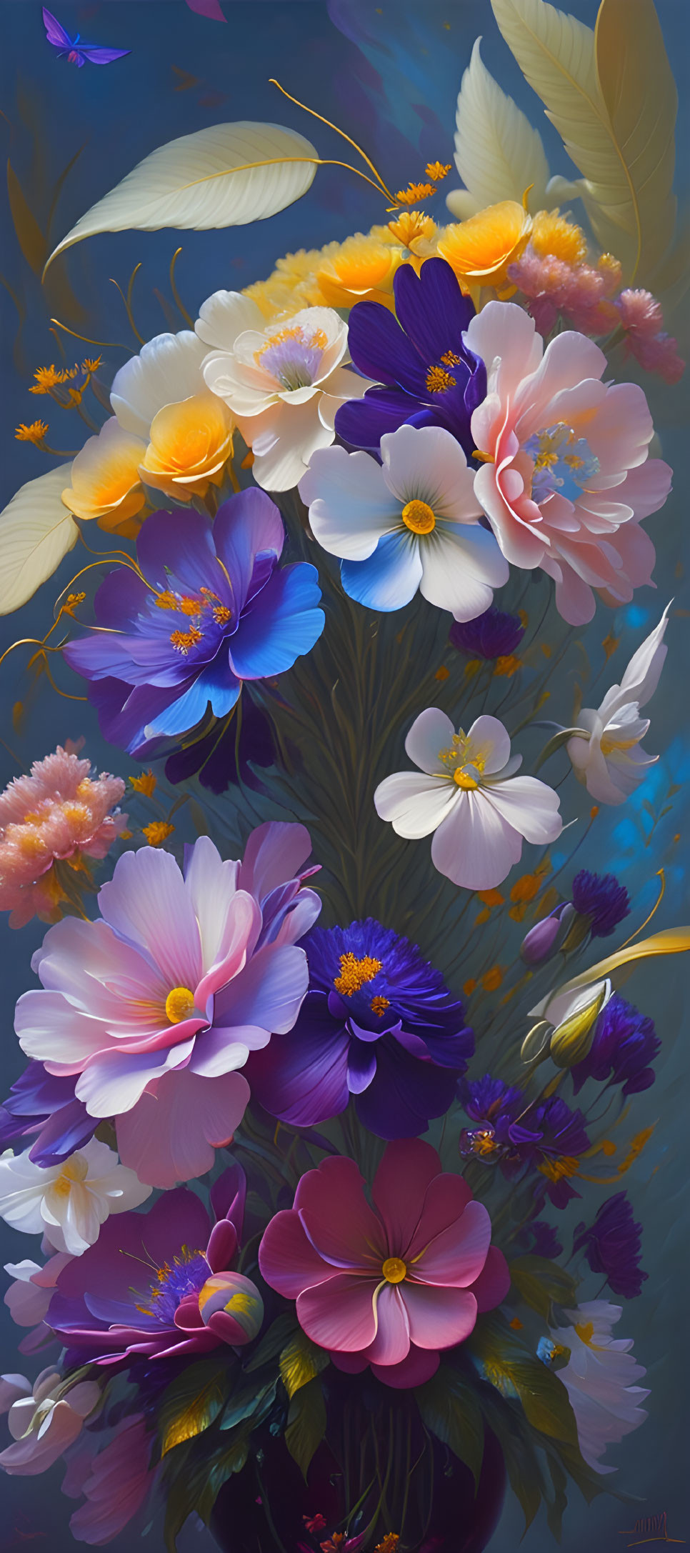 Colorful digital painting of vibrant bouquet on blue background