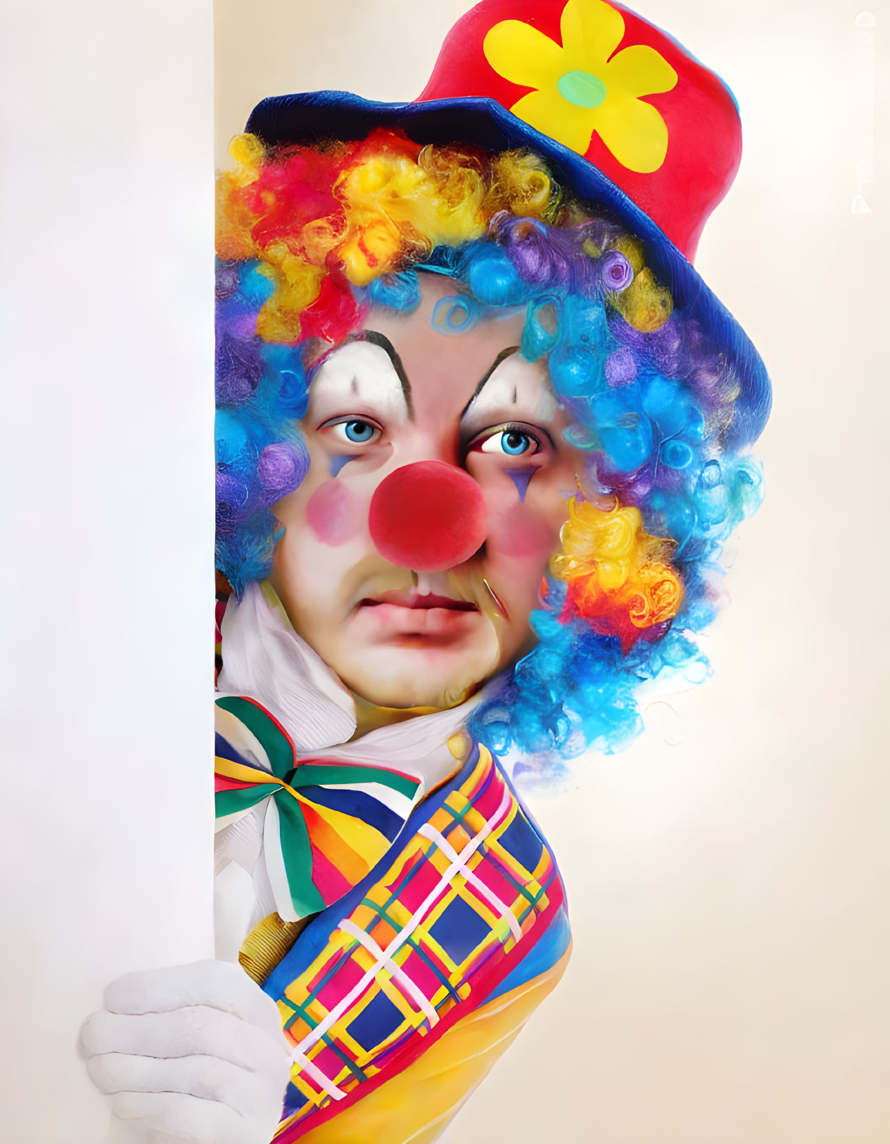 Colorful clown in vibrant wig, red nose, makeup, and playful hat peeking out.