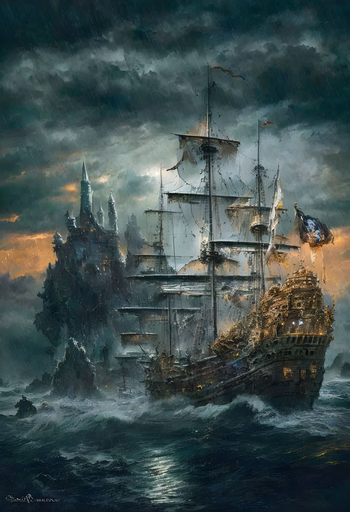 Fantastical ship with castle-like structures in stormy seas under dramatic sky