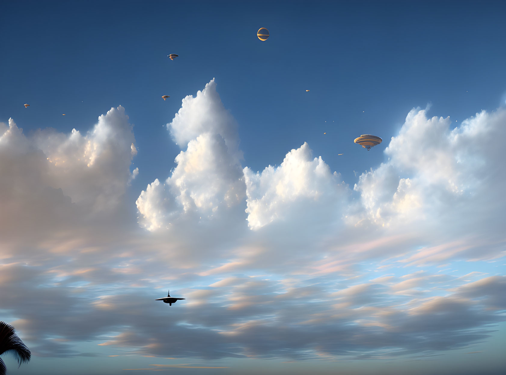 Tranquil sunset sky with clouds, birds, hot air balloons, aircraft, and distant planet