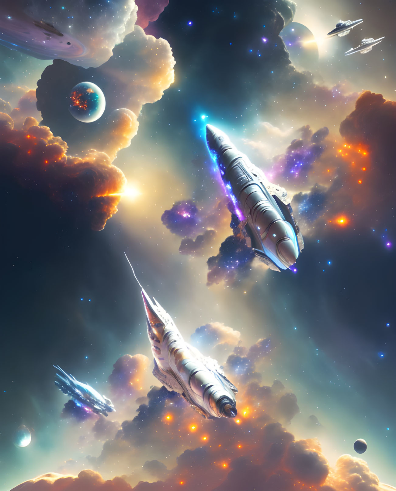 Colorful Spaceships Journey Through Cosmic Nebulae and Planets