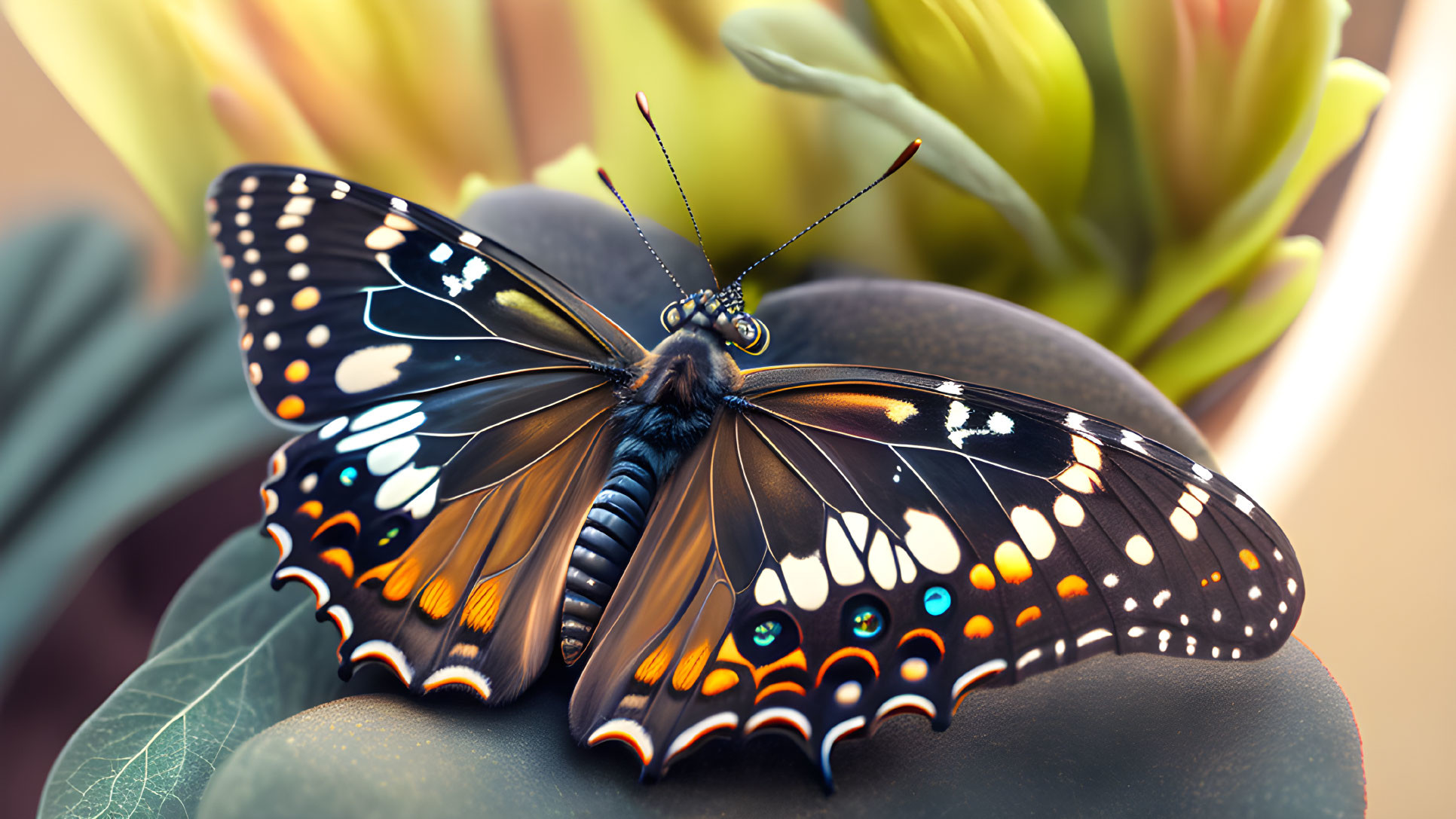 Colorful butterfly with intricate wing pattern perched on green leaf amid soft-focused foliage