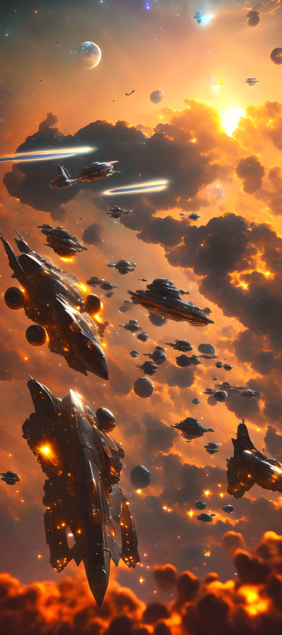 Sci-fi scene: Spaceships in clouds with glowing sun and distant planets