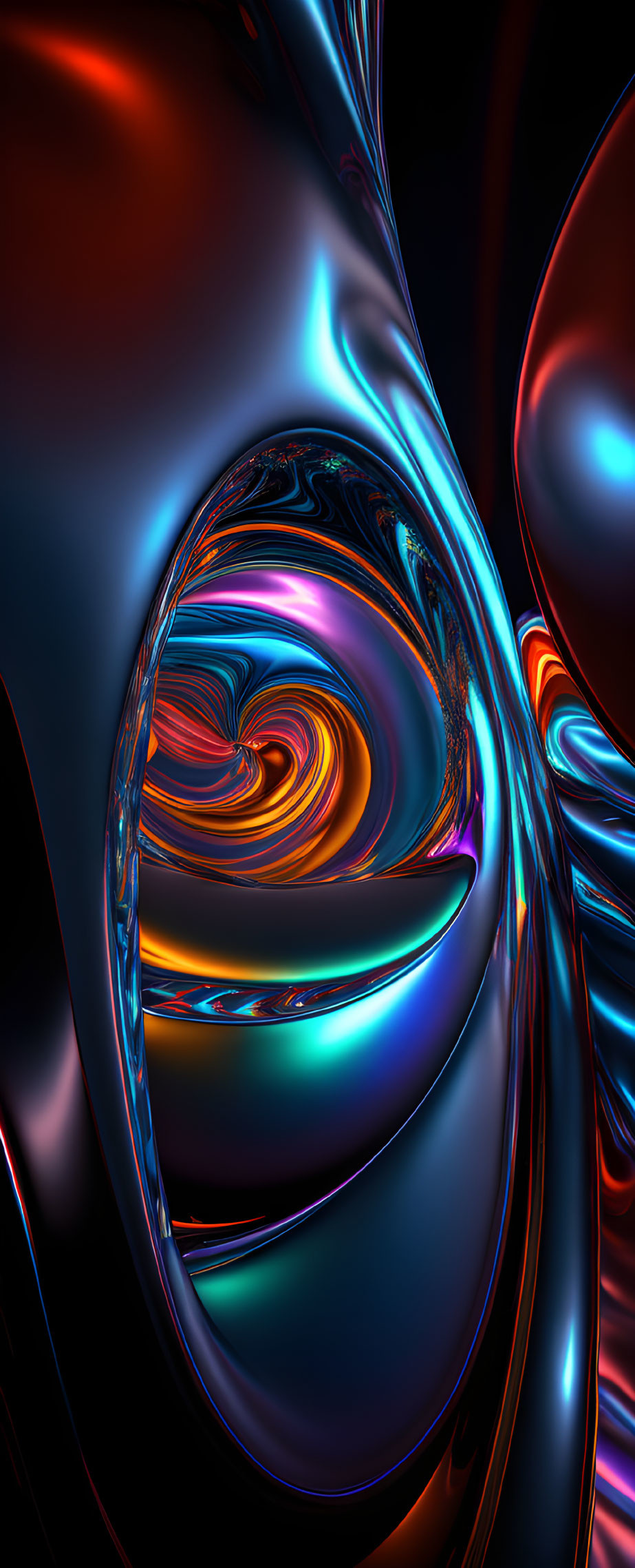 Colorful digital abstract art with swirling shapes in blues and oranges on reflective metallic surfaces