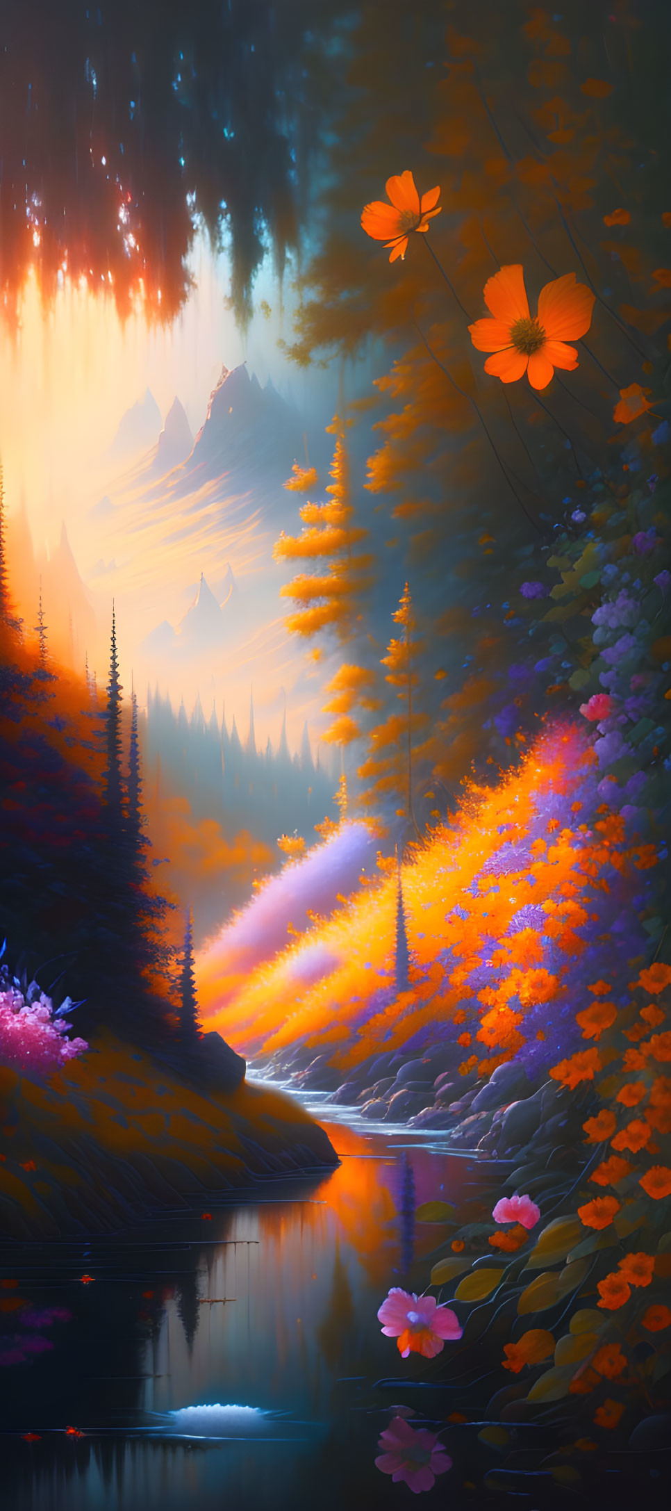 Digital painting: Magical forest with glowing flora, reflective river, evening sky, floating lanterns