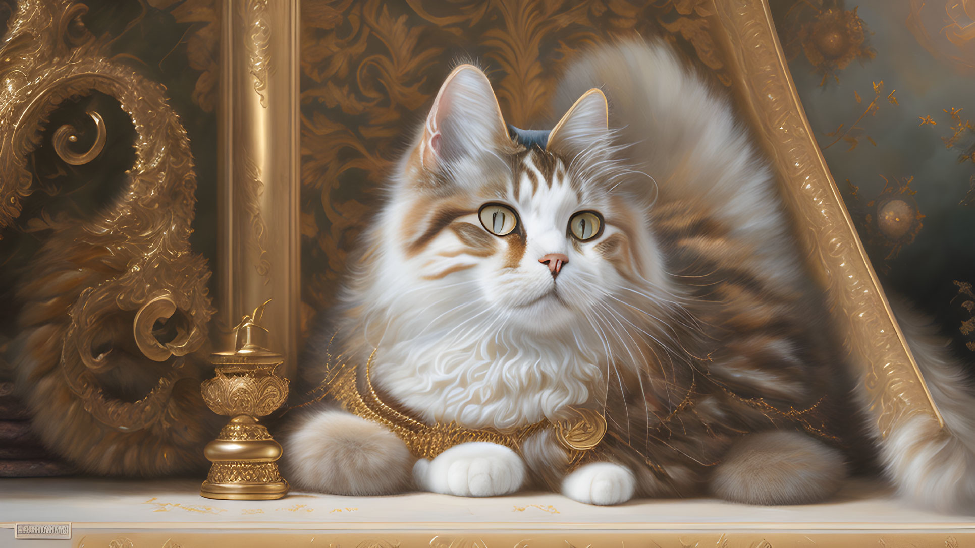 Majestic fluffy cat with green eyes by ornate mirror and luxurious vase