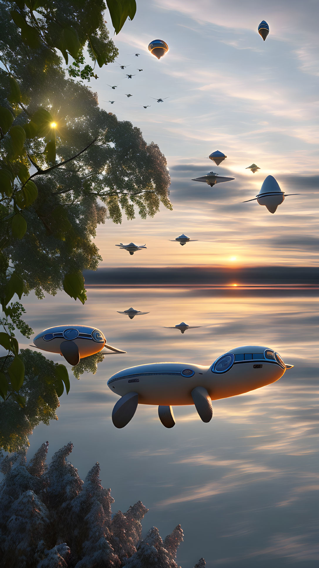 Tranquil sunset with futuristic airships, birds, and hot air balloons over a serene lake