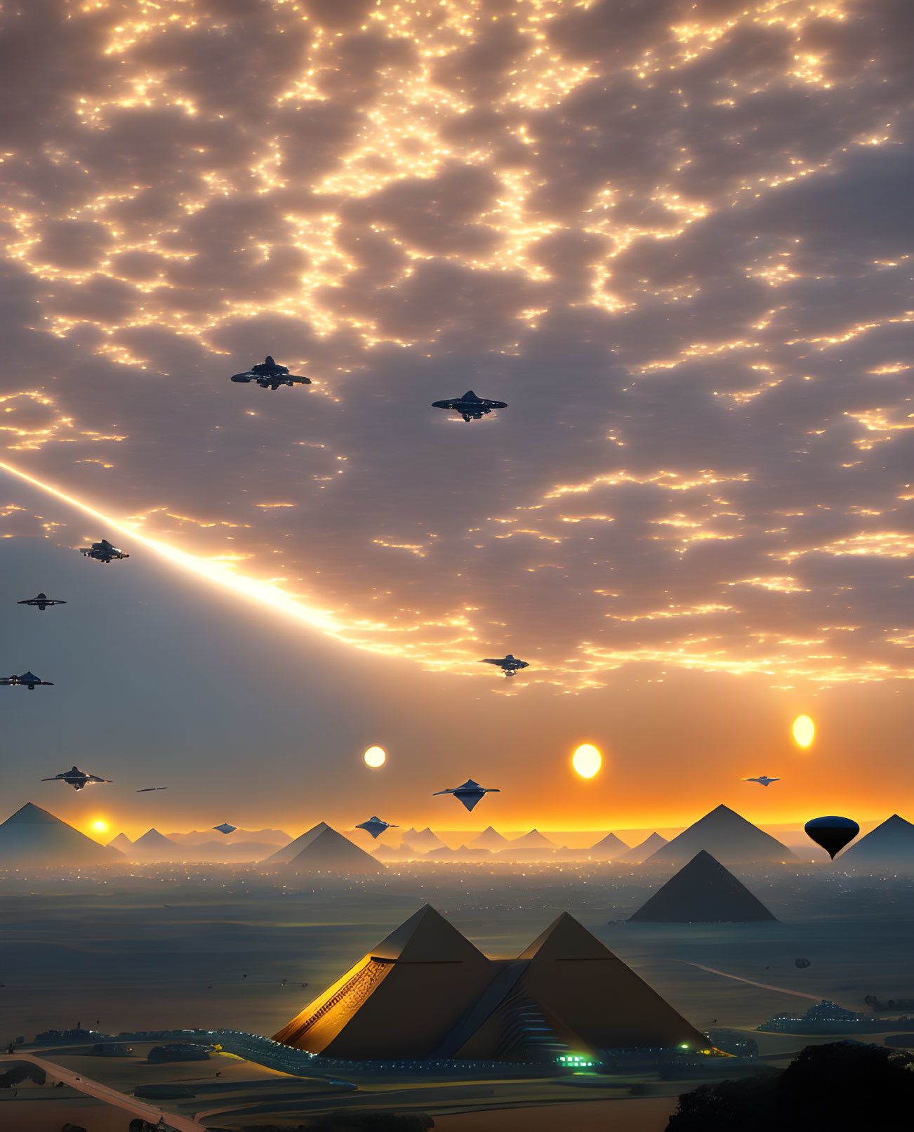 Futuristic landscape with pyramids, multiple suns, and flying vehicles