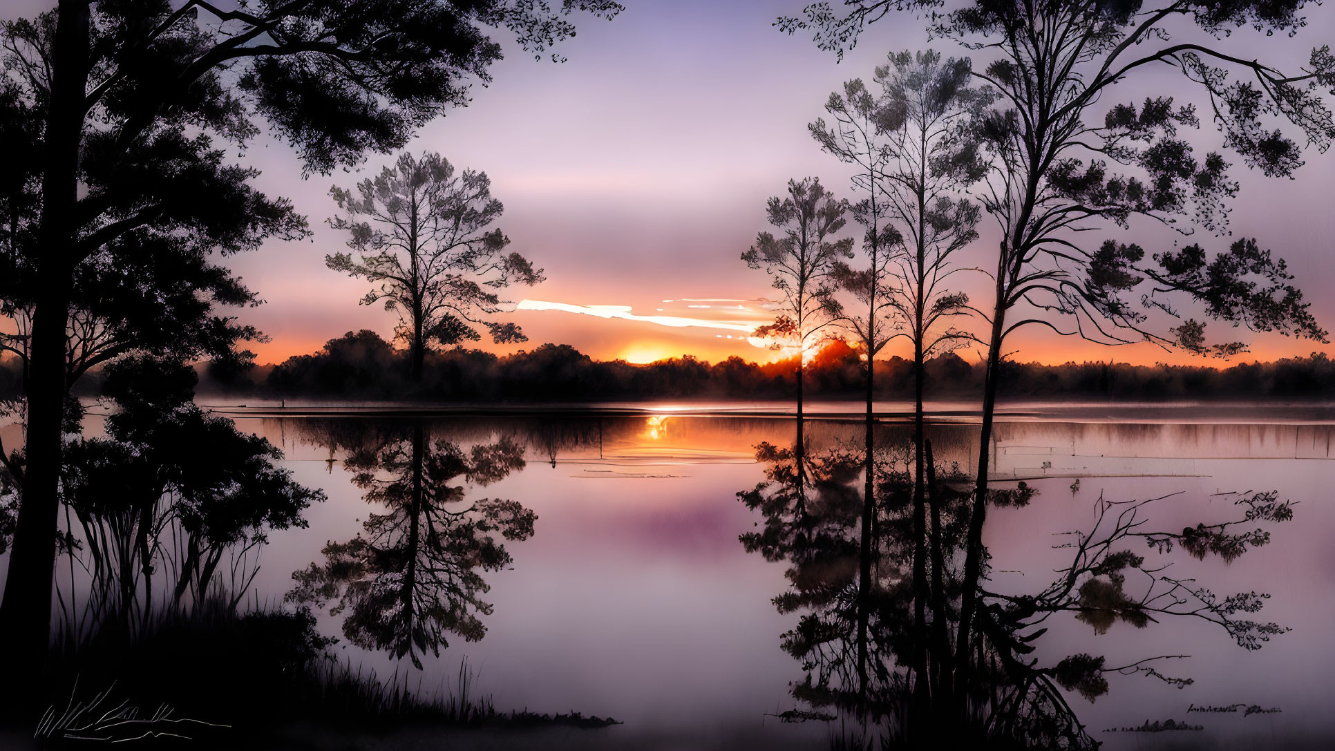 Tranquil sunrise scene: vibrant skies, tree silhouettes, calm waters.