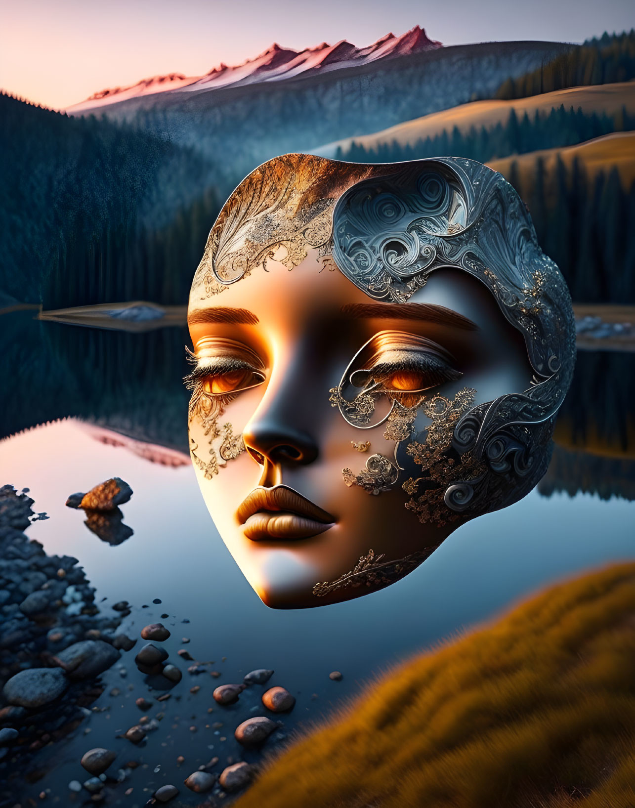 Intricate metallic mask above serene mountain lake at sunset