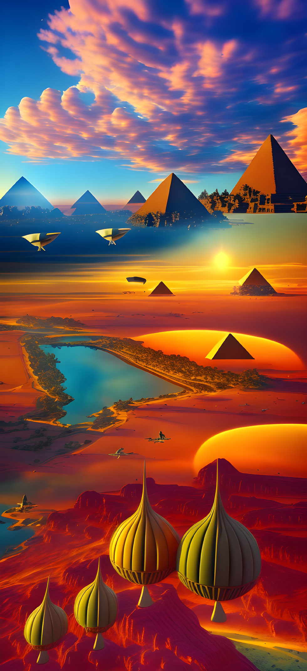 Surreal landscape with pyramids, onion domes, rivers, and floating islands