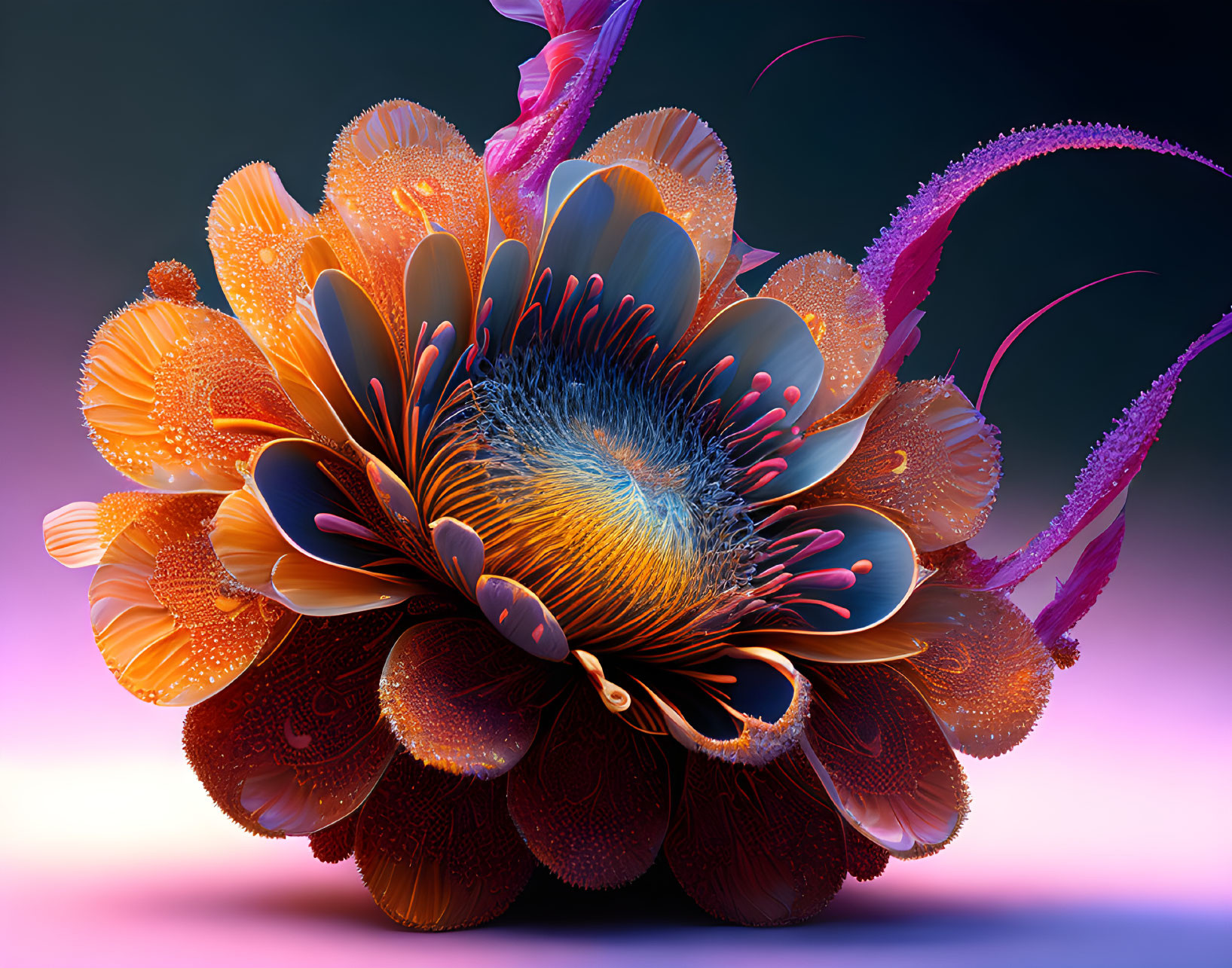 Colorful digital artwork: Surreal flower with intricate orange, pink, and purple petals on gradient background